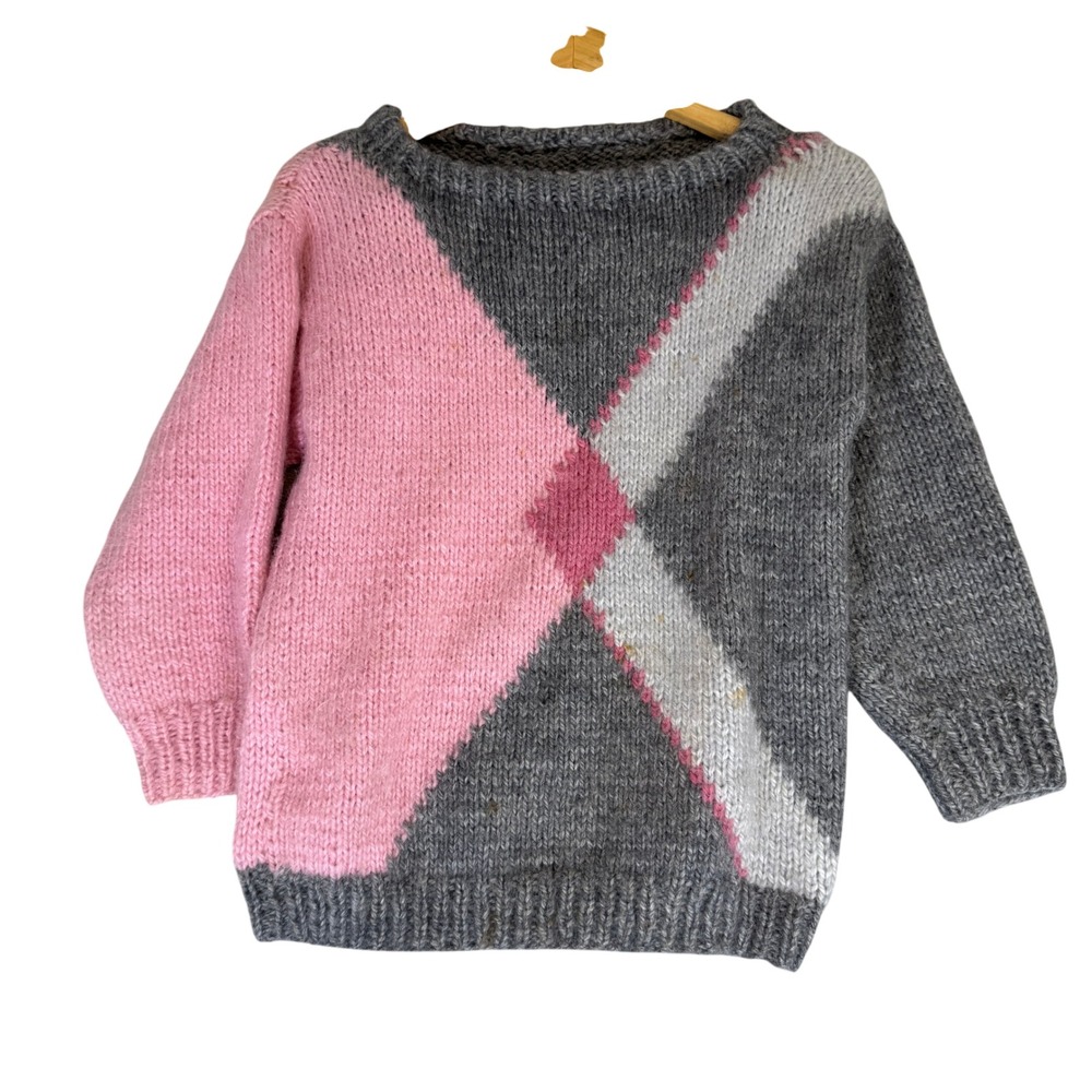 Handmade Chunky Knit Colorblock Sweater Grey Pink Geometric Pullover
